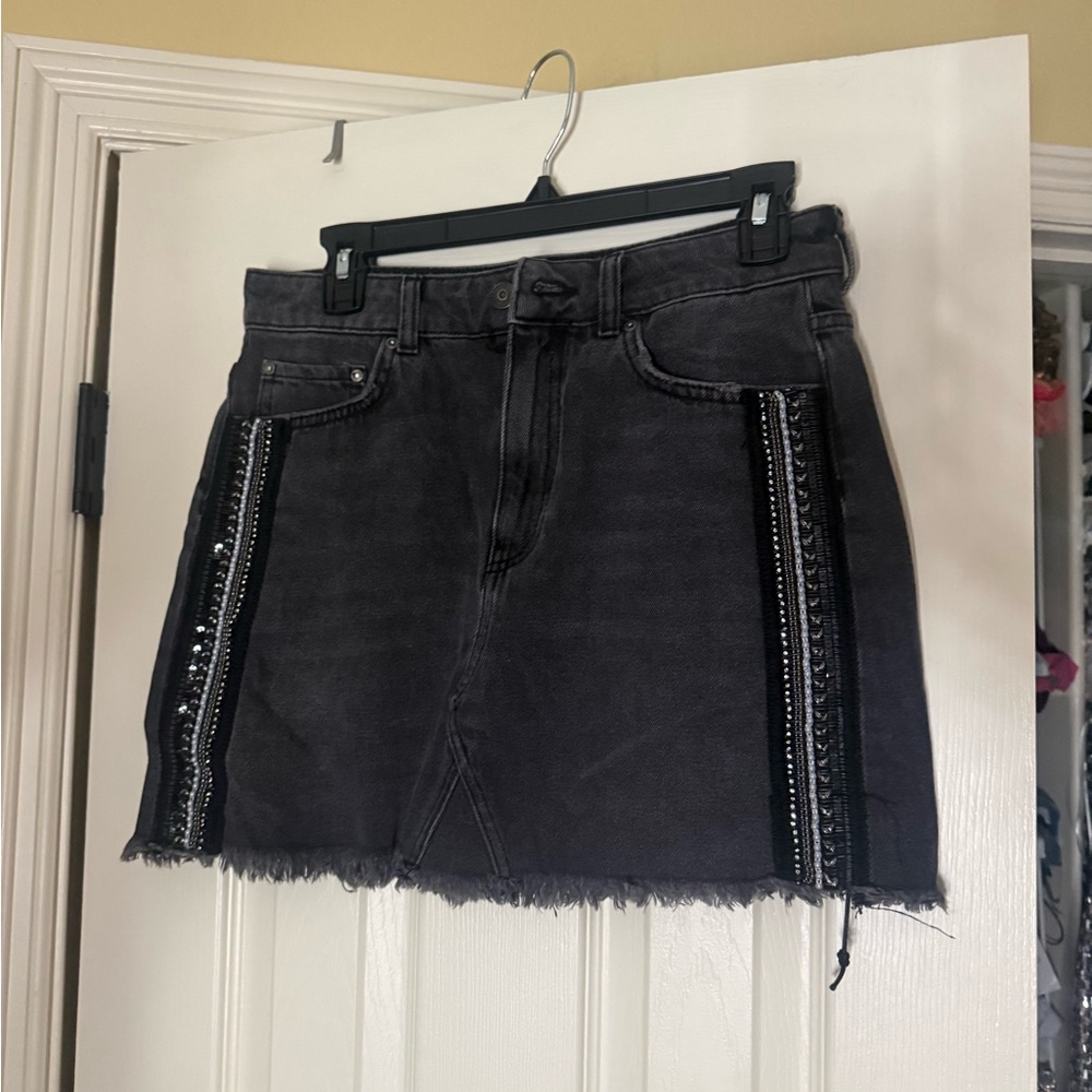 Free People Embellished Black Denim Skirt